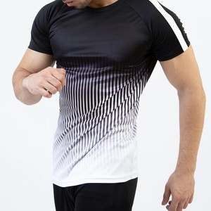 T-shirt en tricot pour homme, noir à rayures, col rond, manches courtes, coupe ajustée, sportif, séchage rapide - Product Image 2
