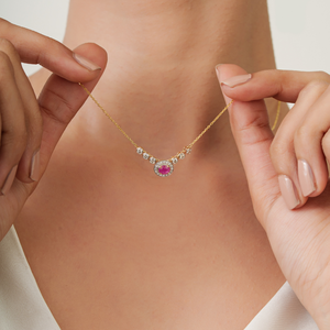 Hot Sale New Arrivals July Birthstone <b>Ruby</b> & Diamond Halo Pendant <b>Necklace</b> Fine Women's 14K Real Yellow Gold Jewelry Supplier - Product Image 4