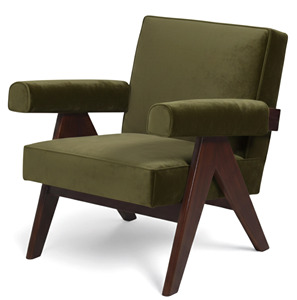Fauteuil en velours vert olive de style Mid-Century Modern, avec pieds en bois massif en forme de V, écologique, pour chambre à coucher, appartement, design rétro de luxe, accent design. - Product Image 1