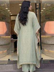 Ensemble Kaftan en Coton Brodé Vert Clair pour Femme, Coupe Classique, Pantalon Traditionnel Longueur Genou, Séchage Rapide, Inde Pakistan - Product Image 3