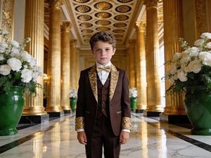 Traje de esmoquin azul marino para niño con bordado dorado |   Conjunto de Ropa Formal para Niños para Bodas y Fiestas - Product Image 5