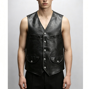 Chaleco sin mangas de cuero negro para hombre con botones plateados y cuatro bolsillos, chaleco informal - Product Image 6