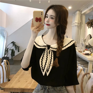 เสื้อฮู้ดผู้หญิง คอปกกะลาสี เสื้อยืดผู้หญิงทรงหลวม สไตล์น่ารัก เสื้อผ้าแบบต่อผ้า ดีไซน์เนอร์มืออาชีพ เสื้อฮู้ดสไตล์มินิมอล - Product Image 5