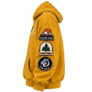 Sweat à capuche oversize jaune moutarde avec patchs, unisexe, en polaire, streetwear, manches longues, décontracté, hiver, avec poche kangourou - Product Image 3