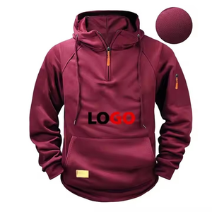 Men's Khaki Quarter Zip Hoodie With Front Logo Print Regular Fit Casual Breathable Polyester Sweatshirt Autumn Wear - Product Image 4