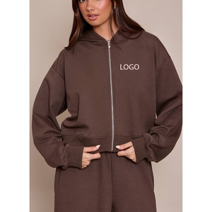 Sweat-shirt à capuche zippé surdimensionné en molleton de coton personnalisé, avec motif 3D en relief, pour femme, vêtements de sport, marron, automne-hiver - Product Image 1