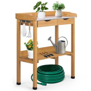 Tavolo da Giardinaggio per Esterni con Piano in Legno, Postazione di Lavoro per Orticoltura, 2 Cassetti, Ripiano Portaoggetti, Piano in Metallo, 3 Ripiani - Product Image 1