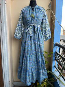 Robe longue maxi à manches longues, col en V, imprimé floral, en tissu de coton imprimé à la main, grande taille, prix usine - Product Image 2