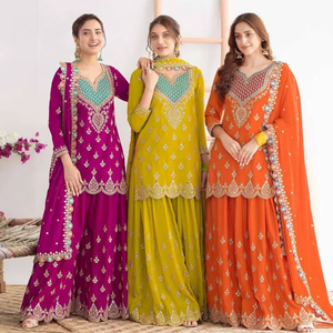 Conjunto de Traje Étnico Tradicional para Mujer con Estampado en Relieve, Dupatta, Ropa Festiva para Fiestas, Salwar Kameez de Secado Rápido, Seda Chinon para Todas las Temporadas - Product Image 1