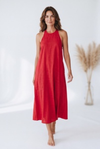 Vestido Largo de Lino Rojo para Mujer, Estilo Halter sin Mangas, Corte Holgado, Color Sólido, Estilo Boho, Casual de Verano, Transpirable - Product Image 1