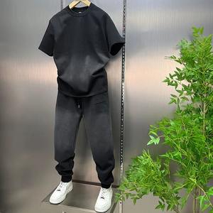 Ensemble décontracté homme de haute qualité effet délavé, ensemble complet tendance, haut et pantalon teints, confortable, 2 pièces (t-shirt et pantalon) - Product Image 2
