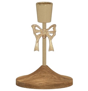 Luxury Gold <b>Bow</b> Candle <b>Holder</b> Wooden Base Metal Candle Stand Elegant Ribbon Design Decorative Tabletop Accent Festive Gift TREND - Product Image 1