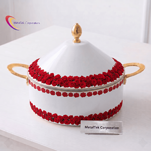 Plat de service isotherme de luxe en acier inoxydable, motif floral, avec poignées dorées, pour buffet et maintien au chaud - Product Image 1
