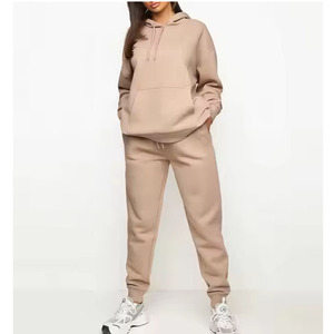 Conjunto Deportivo con Capucha para Mujer, Color Beige, Pantalones Largos con Bolsillos Laterales, Ropa Casual de Otoño, 100% Algodón, Transpirable, Corte Holgado - Product Image 1