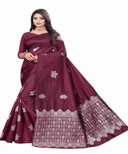 Sari de seda color granate con bordado floral y diseño de borde, ropa tradicional india para bodas, para mujeres. - Product Image 1