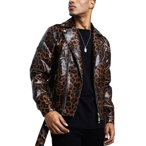 Blouson moto en cuir imprimé léopard pour homme, col rabattu, fermeture éclair, coupe ajustée, manches classiques, idéal pour l'automne - Product Image 1