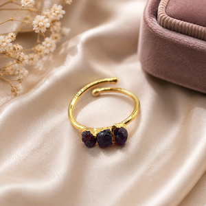 Raw Garnet <b>Adjustable</b> <b>Ring</b> – Gold Electroplated Three Stone <b>Ring</b>, Handmade Crystal Statement Jewelry - Product Image 1
