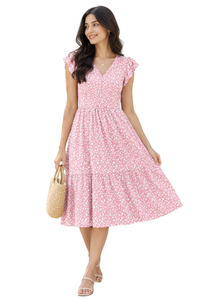 Robe midi rose à imprimé floral, col en V, manches courtes, coupe trapèze, taille élastique, en coton respirant, décontractée, été/printemps - Product Image 4