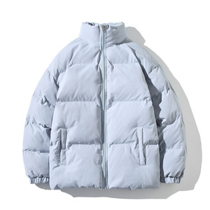 Men's <b>White</b> Stand Collar <b>Puffer</b> <b>Jacket</b> Polyester Casual Zipper Windproof Regular Length Solid Color - Product Image 3