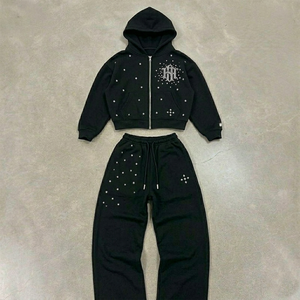 Ensemble de survêtement de luxe personnalisé, coupe oversize, en coton de haute qualité, noir uni à pois, effet délavé à l'acide, avec sweat à capuche zippé et pantalon de jogging, deux pièces, hiver - Product Image 1