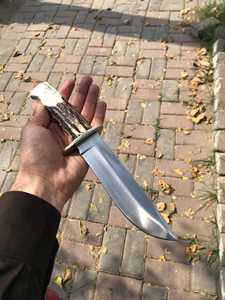 Cuchillo de caza Drop Point con hoja de acero de Damasco y mango de asta de ciervo, cuchillo de supervivencia para exteriores - Product Image 3