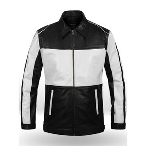 Blouson de moto en cuir véritable pour homme, noir et blanc, col rabattu, fermeture éclair, coupe classique, pour l'automne - Product Image 1
