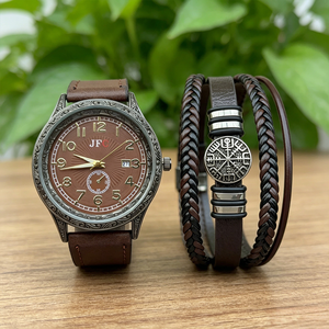 Ensemble de 2 montres à quartz imperméables pour hommes en marron avec bracelet en cuir magnétique, ensemble de montres tendance pour hommes - Product Image 1
