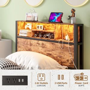 <b>Twin</b> Size Metal <b>Bed</b> <b>Frame</b> with Storage Headboard Charging Station & Bookcase No Box Spring Needed - Product Image 6