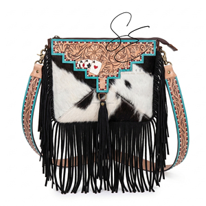Western Genuine Leather Vintage Fringe Sling Bag Turquoise Crossbody <b>Purse</b> Outdoor Travel Hair on Hide Cowgirl Bag - Product Image 2
