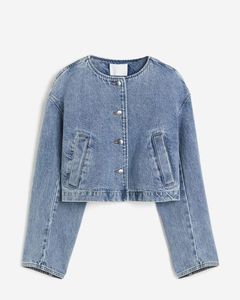 Light Wash Women <b>Denim</b> <b>Jacket</b> <b>Cropped</b> <b>Denim</b> Coat Button Front Pockets Long Sleeve for Spring Autumn - Product Image 1
