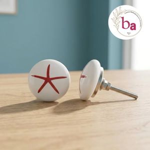 Ba Ceramic Round Cabinet Knobs with Red Starfish Design Modern Eco-Friendly for Kitchen Drawer Easy Installation - Product Image 4
