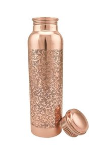 Botella minimalista de cobre, frasco de agua de cobre martillado con tapa y taza a juego, botella de viaje con grabado floral. - Product Image 5