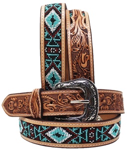 Ceinture de luxe de style western faite à la main de 1,5 pouces en cuir de vache d'Argentine, ceinture western perlée, design floral gravé à la main, ceintures western - Product Image 3
