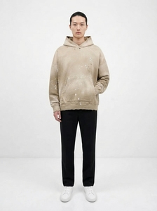Sudadera con capucha beige desgastada para hombre, estilo oversize, de forro polar, lavada, tipo jersey, fabricación de ropa personalizada al por mayor - Product Image 4