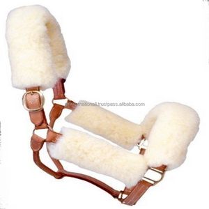 Premium Sheepskin Fleece Padding Double Stitched Custom Design Tan Leather Horse <b>Halter</b> in Many Colors with Brass Buckle & Rings - Product Image 3