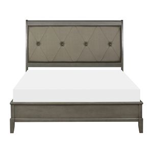 Letto a slitta matrimoniale in ecopelle grigia stile transizionale con testiera capitonné a bottoni - 1 pz - Product Image 1