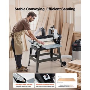 Levigatrice a Tamburo a Doppio Motore da 16 Pollici, 1.5HP, 1720RPM, a Velocità Variabile, con Nastro Trasportatore per Lavorazione del Legno, con Supporto e Tavoli di Estensione per Pialle per Legno - Product Image 3