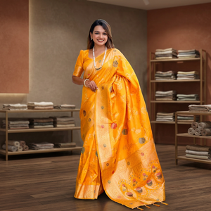 Sari traditionnel en soie Banarasi orange avec chemisier assorti, longueur au sol, tenue de mariage indienne, robe ethnique pour femmes - Product Image 1