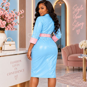 Robe chemise bleu clair Cosh International Sorority Sisterhood avec poignets contrastants roses et ceinture, longueur genou, tenue décontractée - Product Image 5