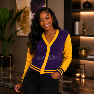 Cosh International - Cárdigan de Punto Personalizado con Logotipo para Mujer, Color Morado y Amarillo, Cuello en V, Manga Larga, Cierre de Botones, Corte Regular - Product Image 4