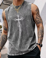 Men's Olive Green Sleeveless Tank Top with White Sword Print O-Neck Washed Cotton Summer Breathable Quick Dry Casual Wear