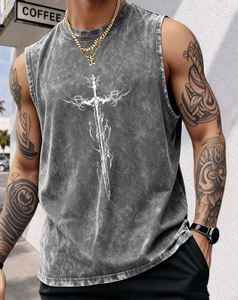 Men's Olive Green Sleeveless Tank Top with White Sword Print O-Neck Washed Cotton Summer Breathable Quick Dry Casual Wear - Product Image 4