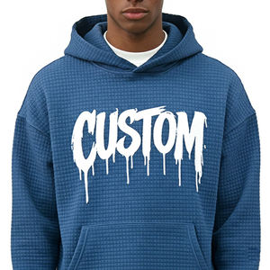 Hoodie gaufré personnalisé à imprimé dégradé pour homme, coupe oversize décontractée, logo frontal, bleu, en coton tricoté, écologique, délavé à l'acide - Product Image 1