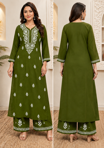 Exclusive Women Olive Green <b>Chikankari</b> Hand Embroidered Straight Kurti with Matching Palazzo Set Ethnic Floral <b>Suit</b> - Product Image 4
