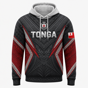 Sweat à capuche avec drapeau national des Tonga, impression par sublimation, pull pour homme, motif tribal, logo du pays, design géométrique, rouge, noir, gris - Product Image 1
