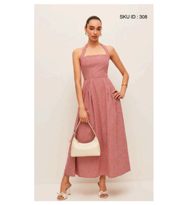 Robe longue asymétrique élégante rouge à carreaux vichy pour femme, en tissu poly-coton doux, léger et respirant - Product Image 1