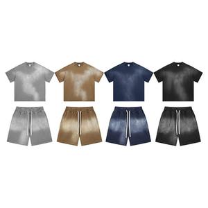 Conjunto de chándal corto de algodón suelto para hombre, de invierno, de felpa, ecológico, con lavado ácido, diseño forrado frontal, personalizado, camiseta y pantalón corto sencillos - Product Image 1