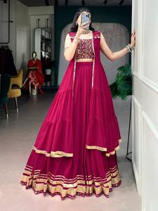 Conjunto de Lehenga de Seda Rosa Magenta Intenso con Bordado de Red, Traje Indio sin Coser, Dupatta sin Mangas, Largo hasta el Suelo, para Fiesta o Boda - Product Image 4
