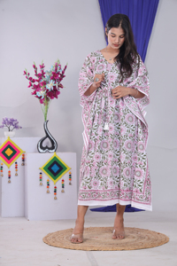 Floral Print Cotton <b>Kaftan</b> Dress Women's Loose Fit V-Neck Batwing Sleeve Midi Length Boho <b>Summer</b> Casual Wear Breathable - Product Image 5