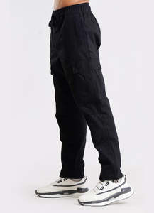 <b>Men's</b> <b>Black</b> <b>Cargo</b> <b>Pants</b> Elastic Waist Midweight Ruched Multiple Pockets Breathable Canvas Fabric Casual Style Drawstring Closure - Product Image 2